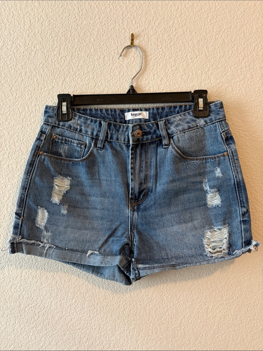Kensie Ripped Medium Blue Denim High-Rise Shorts